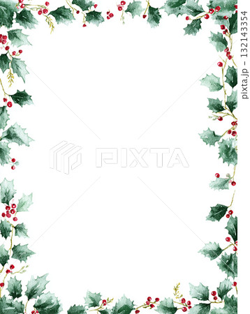 ヒイラギと赤い実のクリスマスフレーム　ナチュラルで上品な水彩風の縦型背景 132143354