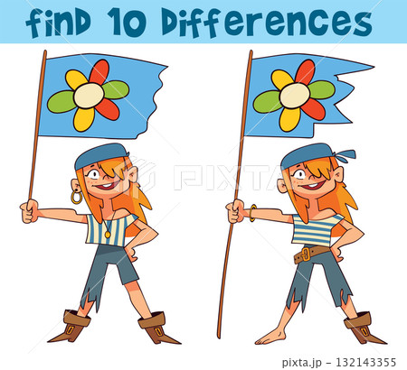Find 10 differences game with a cute pirate girl holding a flag 132143355