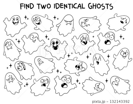 Funny Halloween puzzle with cute ghosts. Find two identical ghosts. Funny Halloween puzzle with cute ghosts. Find two identical ghosts. 132143392