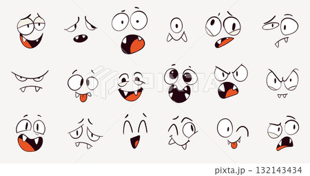 Funny cartoon monster faces set. Hand-drawn doodle emotions Funny cartoon monster faces set. Hand-drawn doodle emotions 132143434