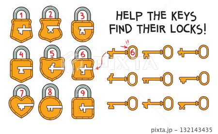 Match each key to the correct lock. Logic puzzle for kids 132143435