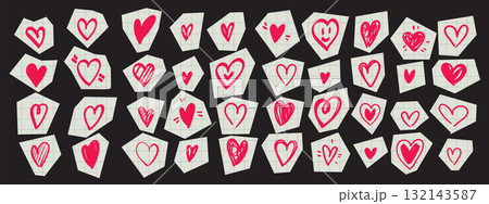 Cute red sketch style hearts on torn paper background for Valentine Day Cute red sketch style hearts on torn paper background for Valentine Day 132143587