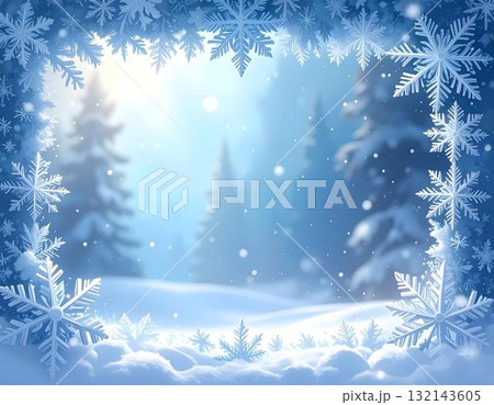 雪の降る冬の森を縁取る雪の結晶のフレーム背景素材 132143605