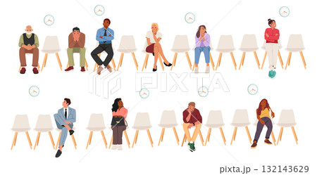 Cartoon diverse people characters of different ages expressing sadness and boredom sitting on chairs Cartoon diverse people characters of different ages expressing sadness and boredom sitting on chairs 132143629