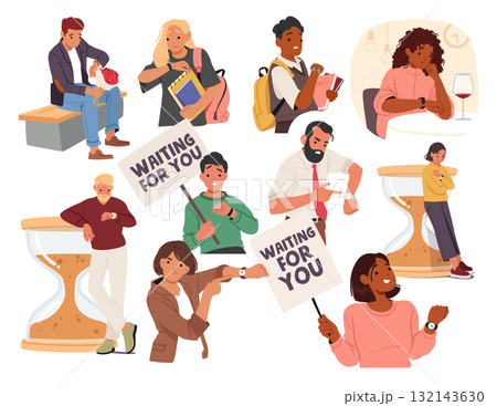 Diverse people cartoon characters waiting someone late looking at wristwatch, holding banners set Diverse people cartoon characters waiting someone late looking at wristwatch, holding banners set 132143630