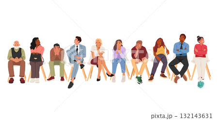Diverse people cartoon characters waiting in queue sitting on chairs feeling nervous, bored, tired 132143631