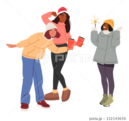 Happy women group of best friends cartoon characters celebrating Christmas and New Year outdoors Happy women group of best friends cartoon characters celebrating Christmas and New Year outdoors 132143639