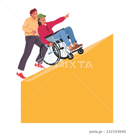 Man helping guy with disability sitting in wheelchair to climb up through giant geometric shape Man helping guy with disability sitting in wheelchair to climb up through giant geometric shape 132143640