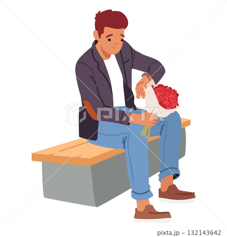 Seated pensive boyfriend waiting for girlfriend being late looking at wristwatch holding bouquet Seated pensive boyfriend waiting for girlfriend being late looking at wristwatch holding bouquet 132143642