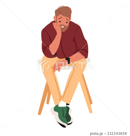 Bearded hipster man cartoon character expressing deep thoughts and frustration while seated on chair 132143659