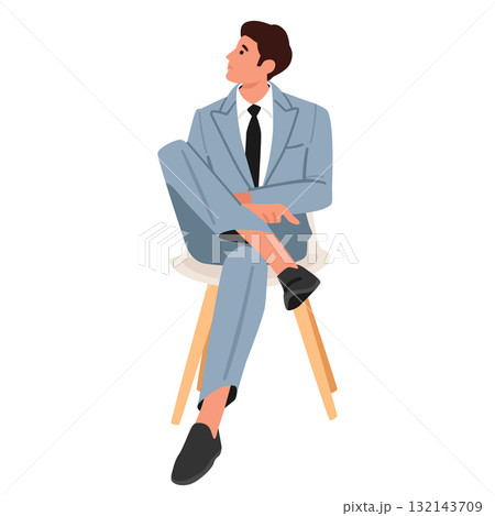 Bored businessman cartoon character sitting on chair waiting for turn isolated on white background 132143709