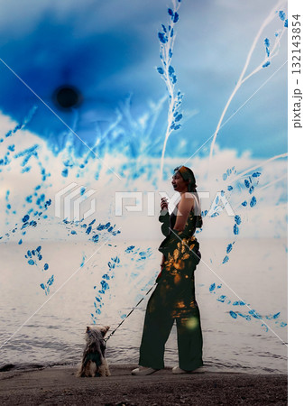 Woman walking her small dog by the water with an artistic overlay. A woman strolls along a shoreline with her dog, the scene enhanced by an artistic overlay of blue and gold. Woman walking her small dog by the water with an artistic overlay. A woman strolls along a shoreline with her dog, the scene enhanced by an artistic overlay of blue and gold. 132143854