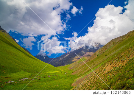 Majestic mountains and serene stream in peaceful valley in Kyrgyzstan 132143866