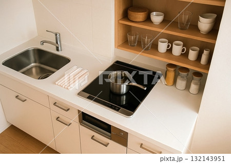シンプルで清潔感のあるIHコンロ付きキッチン 132143951