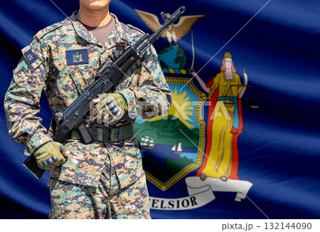 New York US state flag with soldier holding assault rifle New York US state flag with soldier holding assault rifle 132144090