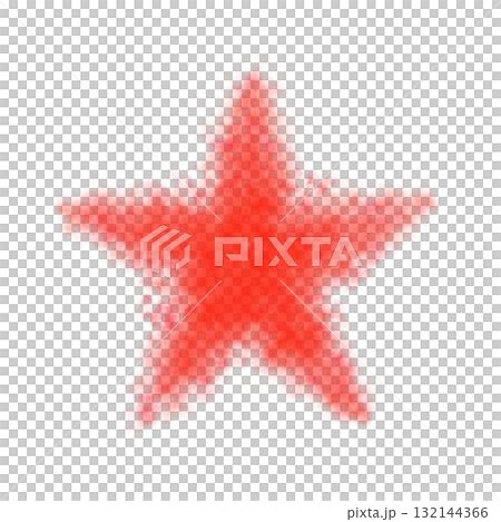 Single fluffy or smoke red star with soft glowing texture on transparent background, isolated festive and atmospheric star illustration 132144366