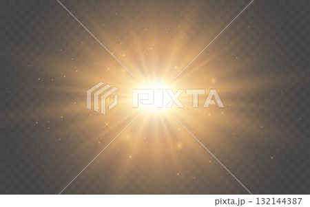 Glowing light gold. Bright glow with stardust effect. Christmas design element. Shiny explosion with golden stardust. Festive shine with soft rays. Fantasy burst template. Vector illustration 132144387