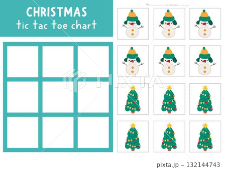 Vector Christmas tic tac toe chart with fir tree and snowman. New Year board game playing field with cute characters. Funny printable worksheet. Winter holiday noughts and crosses grid Vector Christmas tic tac toe chart with fir tree and snowman. New Year board game playing field with cute characters. Funny printable worksheet. Winter holiday noughts and crosses grid 132144743
