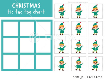 Vector Christmas tic tac toe chart with boy and girl elves. New Year board game playing field with cute characters. Funny printable worksheet. Winter holiday noughts and crosses grid Vector Christmas tic tac toe chart with boy and girl elves. New Year board game playing field with cute characters. Funny printable worksheet. Winter holiday noughts and crosses grid 132144744