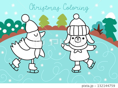 Christmas coloring page for children with cute bird and dog skating on rink. Vector New Year outline illustration on colored background. Winter holiday color book, printable worksheet for kids Christmas coloring page for children with cute bird and dog skating on rink. Vector New Year outline illustration on colored background. Winter holiday color book, printable worksheet for kids 132144759