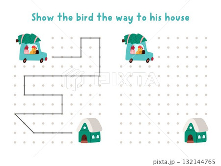 Christmas or New Year drawing, writing, tracing, space orientation activity for kids with bird driving car to house. Draw lines in box according example. Winter holiday printable game, puzzle 132144765