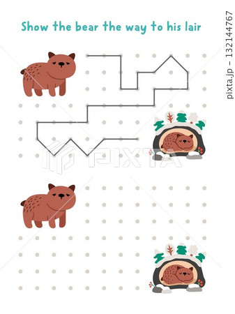 Christmas or New Year drawing, writing, tracing, space orientation activity for kids with brown bear going to lair. Draw lines in box according example. Winter holiday printable game, puzzle 132144767