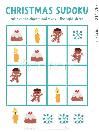 Vector Christmas sudoku puzzle for kids with pictures. New Year quiz. Winter holiday activity with gingerbread man, candle, snowflake, cake. Draw missing object 132144768