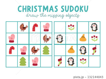 Vector Christmas sudoku puzzle for kids with pictures. New Year quiz with candy cane, mitten, bird, fir tree, penguin, stocking. Winter holiday activity with traditional symbols. Draw missing object 132144843