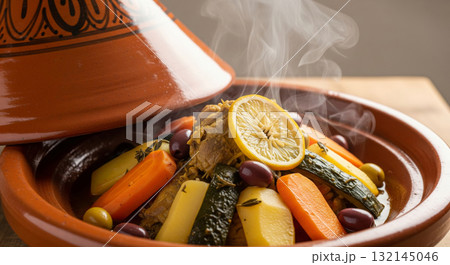 Steaming authentic Moroccan chicken or lamb tagine being prepared and served Steaming authentic Moroccan chicken or lamb tagine being prepared and served 132145046