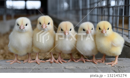 adorable chicks perched on a wooden railing in a farm setting 132145274