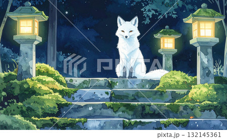 石段に座る白狐と灯籠 石段に座る白狐と灯籠 132145361