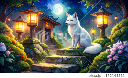 月明かりの神社と白狐 月明かりの神社と白狐 132145381