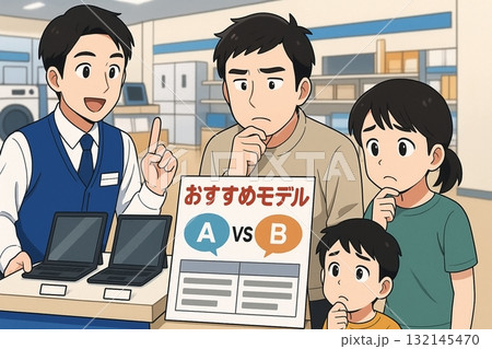 パソコンのおすすめモデルを説明する店員と家族連れ 132145470