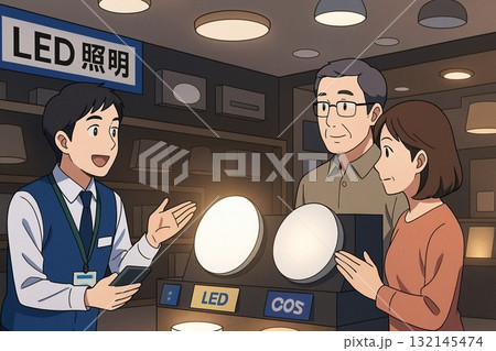 LED照明を説明する店員と夫婦　明るさを比較するシーン 132145474