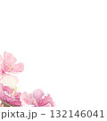 Pink sakura flowers, green leaves watercolor corner composition isolated on white. Spring floral design perfect for invitations, cards, packaging, Japanese themes, botanical backgrounds, pastel tones. 132146041