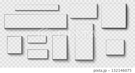 Set of square and rectangular boxes, web banners or cards shadow effects. Different realistic soft blurry shapes. Shades mockups isolated on transparent background. Vector realistic illustration 132146075