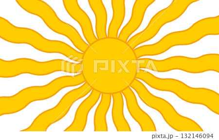 Wavy sun rays background. Sunburst, sunrise or sunset horizontal poster. Spring or summer theme wallpaper. Good vibes concept. Modern fun print. Cute hippie design. Vector flat illustration 132146094
