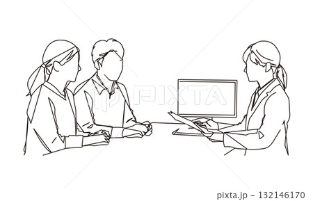 相談窓口で説明を受ける夫婦の線画イラスト素材 132146170