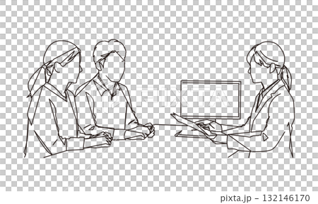 相談窓口で説明を受ける夫婦の線画イラスト素材 132146170