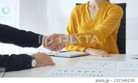 Professional businesspeople shaking hands, confirming partnership agreement in contemporary corporate sunny office. Business handshake Professional businesspeople shaking hands, confirming partnership agreement in contemporary corporate sunny office. Business handshake 132146239