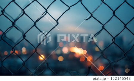 フェンス越しに見る夜の都市の光と孤独感 132146548