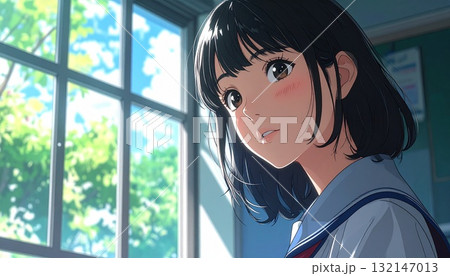 制服を着た若い女性が教室の窓から外を眺めているイラスト　AI生成素材 132147013