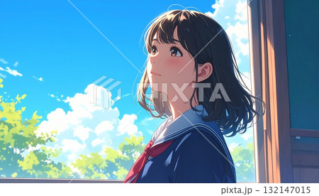 制服を着た若い女性が教室の窓から外を眺めているイラスト　AI生成素材 132147015