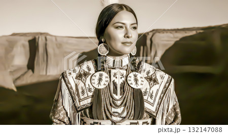 Woman in Traditional Native American Attire in Sepia Ai Generated Woman in Traditional Native American Attire in Sepia Ai Generated 132147088