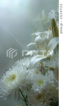 上品なフラワーアレンジメント - 追悼、癒やし、メモリアル素材（白～グレー系） 132147151