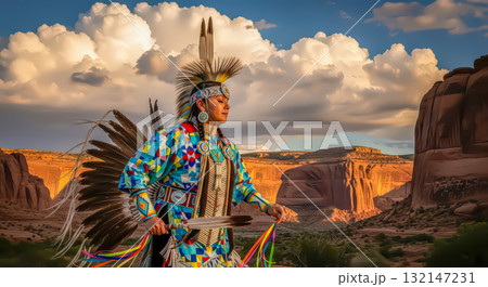 Native American Man in Traditional Attire in Desert Landscape Ai Generated 132147231