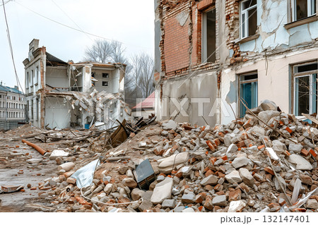 ruined houses street after war 132147401