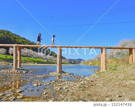 福岡県みやこ町の今川にかかる木製の沈下橋を渡る子供 福岡県みやこ町の今川にかかる木製の沈下橋を渡る子供 132147438
