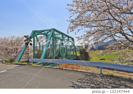 福岡県みやこ町の喜多良川鉄橋と桜が咲く風景 132147444