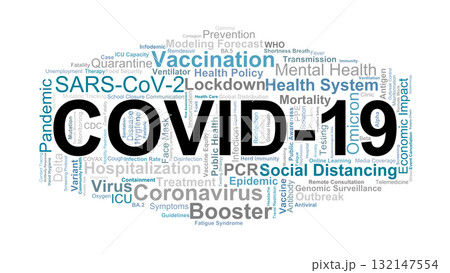 COVID-19 Word Cloud. Key Concepts On Virus, Pandemic, Vaccination, Health, Variants, Public Policy, Treatment, And Global Impact Of SARS-CoV-2. 132147554